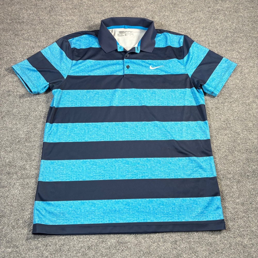Nike Golf Polo Shirt Mens M Blue Striped Dri-FIT Standard Fit Performance